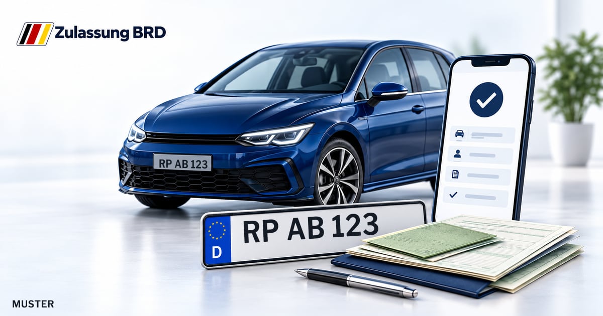Online Fahrzeugzulassung in Böhl-Iggelheim: Musterkennzeichen RP AB 123, Auto und Fahrzeugpapiere und Smartphone. Illustration mit Logo von Zulassung BRD.